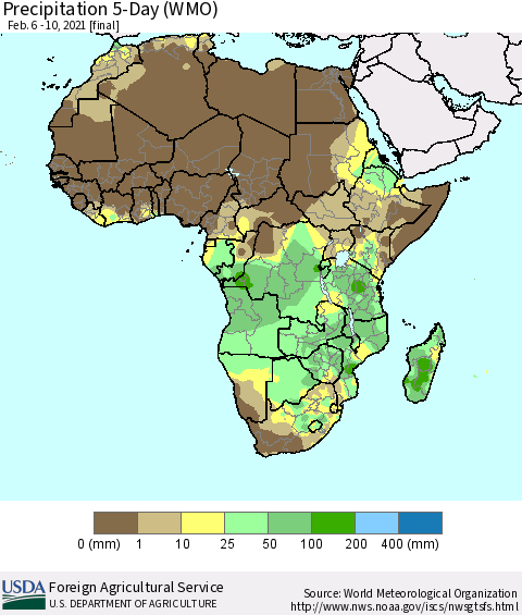 Africa Precipitation 5-Day (WMO) Thematic Map For 2/6/2021 - 2/10/2021
