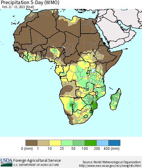 Africa Precipitation 5-Day (WMO) Thematic Map For 2/11/2021 - 2/15/2021
