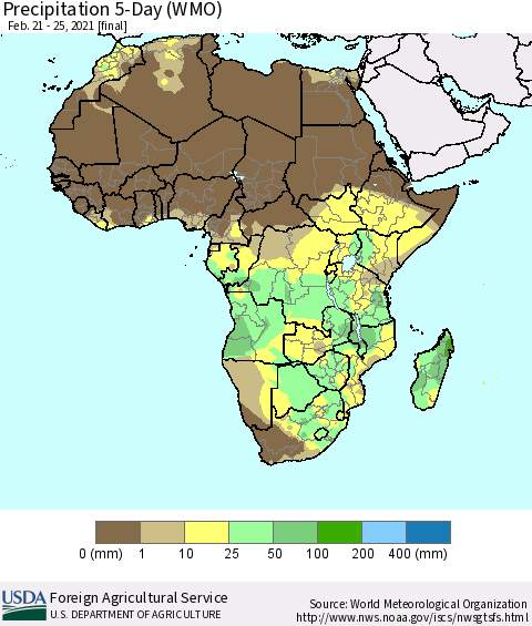 Africa Precipitation 5-Day (WMO) Thematic Map For 2/21/2021 - 2/25/2021