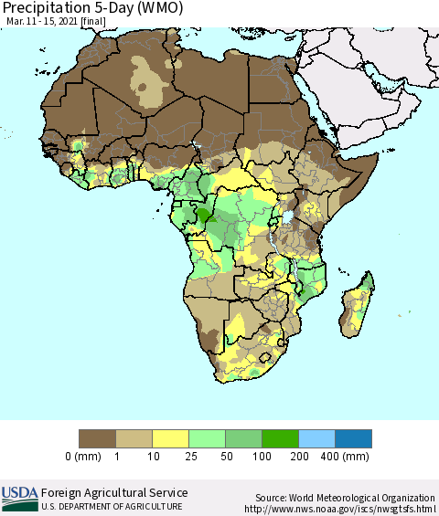 Africa Precipitation 5-Day (WMO) Thematic Map For 3/11/2021 - 3/15/2021