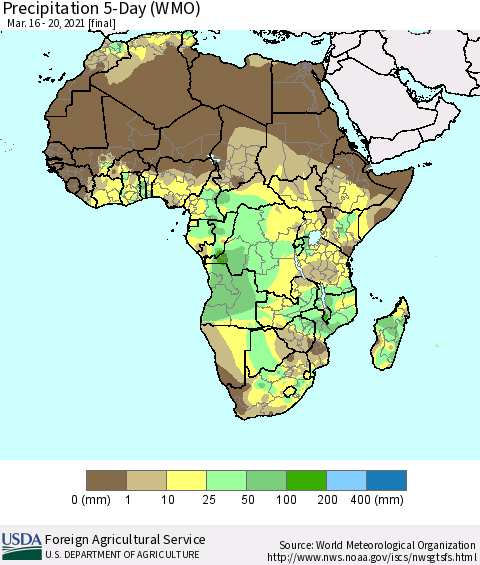 Africa Precipitation 5-Day (WMO) Thematic Map For 3/16/2021 - 3/20/2021
