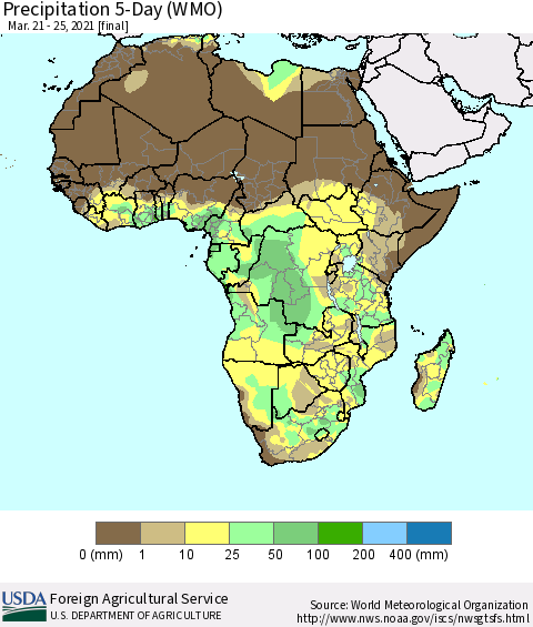 Africa Precipitation 5-Day (WMO) Thematic Map For 3/21/2021 - 3/25/2021