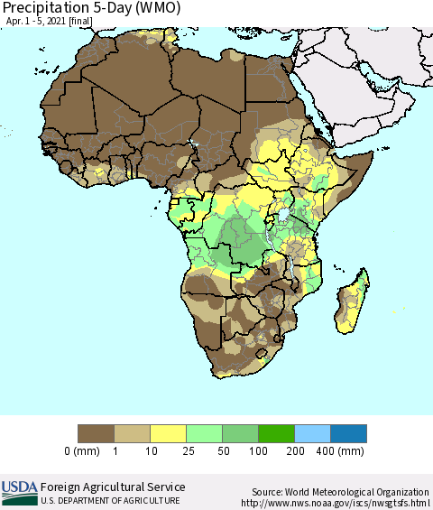 Africa Precipitation 5-Day (WMO) Thematic Map For 4/1/2021 - 4/5/2021