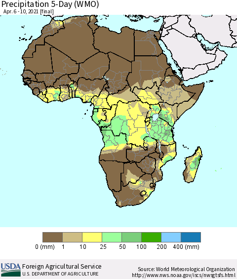 Africa Precipitation 5-Day (WMO) Thematic Map For 4/6/2021 - 4/10/2021