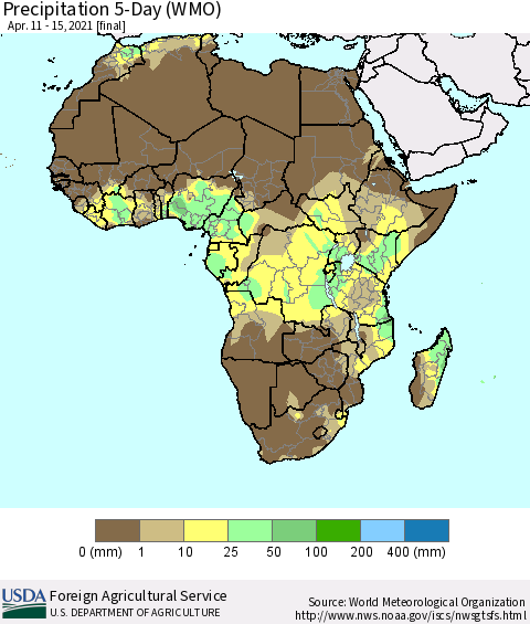 Africa Precipitation 5-Day (WMO) Thematic Map For 4/11/2021 - 4/15/2021
