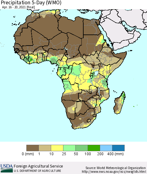 Africa Precipitation 5-Day (WMO) Thematic Map For 4/16/2021 - 4/20/2021