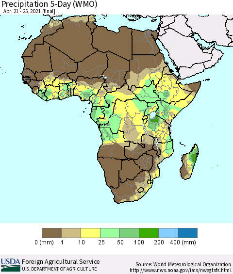 Africa Precipitation 5-Day (WMO) Thematic Map For 4/21/2021 - 4/25/2021