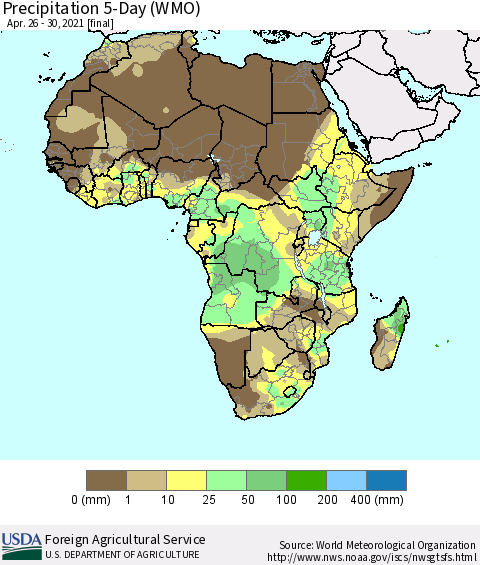 Africa Precipitation 5-Day (WMO) Thematic Map For 4/26/2021 - 4/30/2021