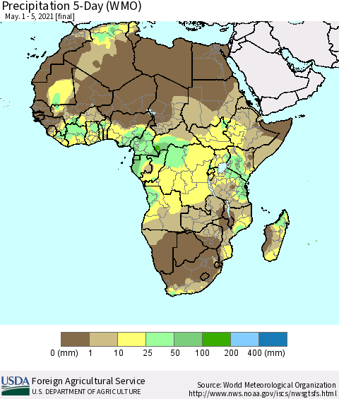 Africa Precipitation 5-Day (WMO) Thematic Map For 5/1/2021 - 5/5/2021