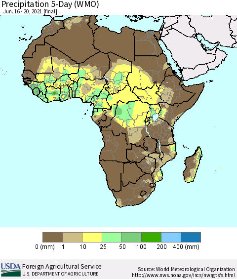 Africa Precipitation 5-Day (WMO) Thematic Map For 6/16/2021 - 6/20/2021