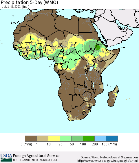 Africa Precipitation 5-Day (WMO) Thematic Map For 7/1/2021 - 7/5/2021