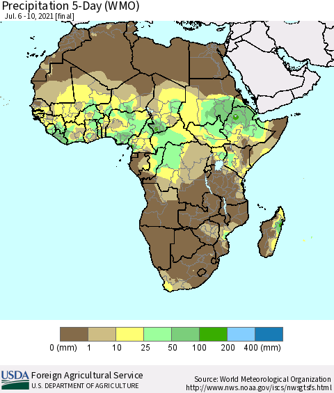 Africa Precipitation 5-Day (WMO) Thematic Map For 7/6/2021 - 7/10/2021