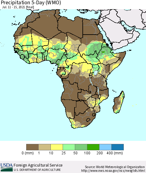 Africa Precipitation 5-Day (WMO) Thematic Map For 7/11/2021 - 7/15/2021