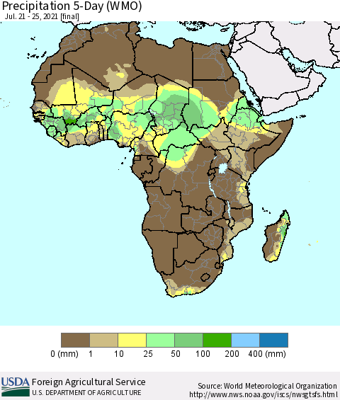 Africa Precipitation 5-Day (WMO) Thematic Map For 7/21/2021 - 7/25/2021