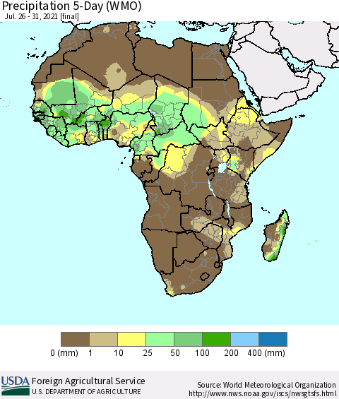 Africa Precipitation 5-Day (WMO) Thematic Map For 7/26/2021 - 7/31/2021