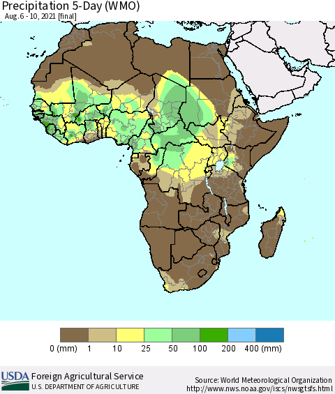 Africa Precipitation 5-Day (WMO) Thematic Map For 8/6/2021 - 8/10/2021