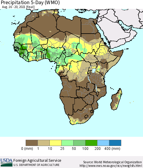 Africa Precipitation 5-Day (WMO) Thematic Map For 8/16/2021 - 8/20/2021