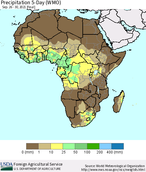 Africa Precipitation 5-Day (WMO) Thematic Map For 9/26/2021 - 9/30/2021