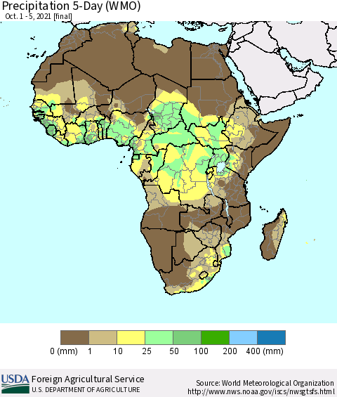 Africa Precipitation 5-Day (WMO) Thematic Map For 10/1/2021 - 10/5/2021
