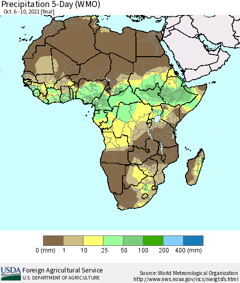 Africa Precipitation 5-Day (WMO) Thematic Map For 10/6/2021 - 10/10/2021