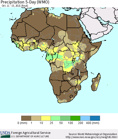 Africa Precipitation 5-Day (WMO) Thematic Map For 10/11/2021 - 10/15/2021