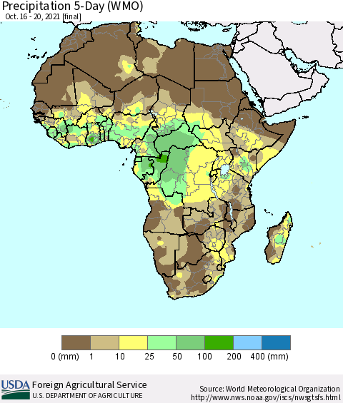 Africa Precipitation 5-Day (WMO) Thematic Map For 10/16/2021 - 10/20/2021