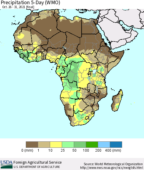 Africa Precipitation 5-Day (WMO) Thematic Map For 10/26/2021 - 10/31/2021