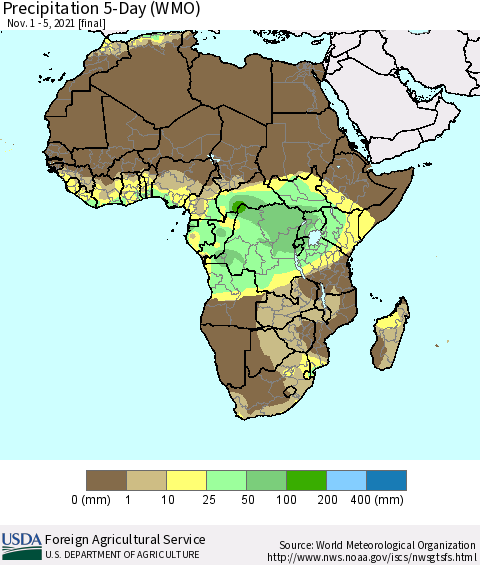 Africa Precipitation 5-Day (WMO) Thematic Map For 11/1/2021 - 11/5/2021
