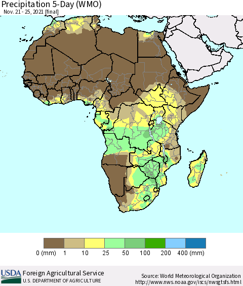 Africa Precipitation 5-Day (WMO) Thematic Map For 11/21/2021 - 11/25/2021