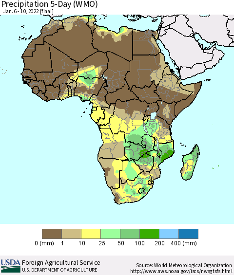 Africa Precipitation 5-Day (WMO) Thematic Map For 1/6/2022 - 1/10/2022