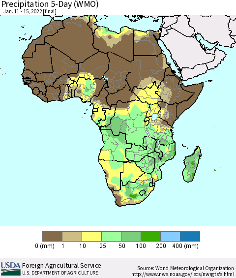 Africa Precipitation 5-Day (WMO) Thematic Map For 1/11/2022 - 1/15/2022