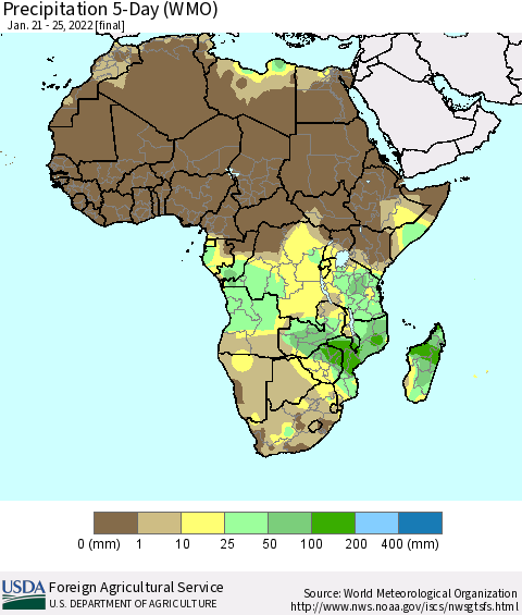 Africa Precipitation 5-Day (WMO) Thematic Map For 1/21/2022 - 1/25/2022