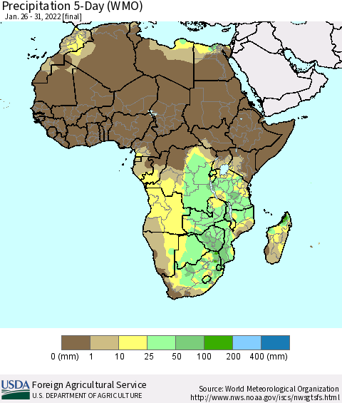 Africa Precipitation 5-Day (WMO) Thematic Map For 1/26/2022 - 1/31/2022