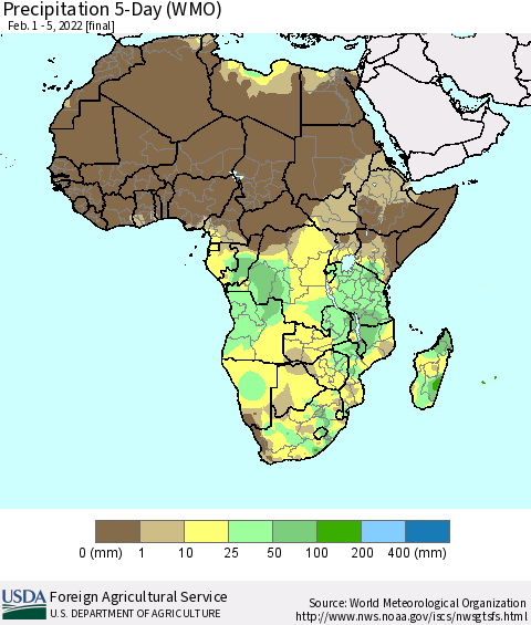 Africa Precipitation 5-Day (WMO) Thematic Map For 2/1/2022 - 2/5/2022
