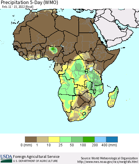 Africa Precipitation 5-Day (WMO) Thematic Map For 2/11/2022 - 2/15/2022