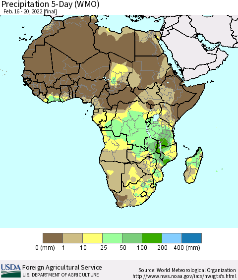 Africa Precipitation 5-Day (WMO) Thematic Map For 2/16/2022 - 2/20/2022