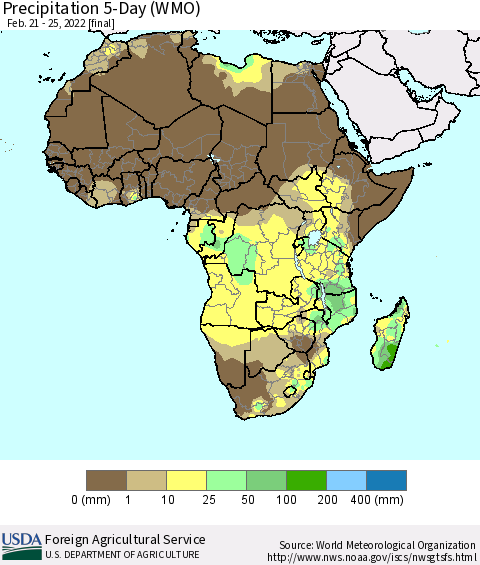 Africa Precipitation 5-Day (WMO) Thematic Map For 2/21/2022 - 2/25/2022