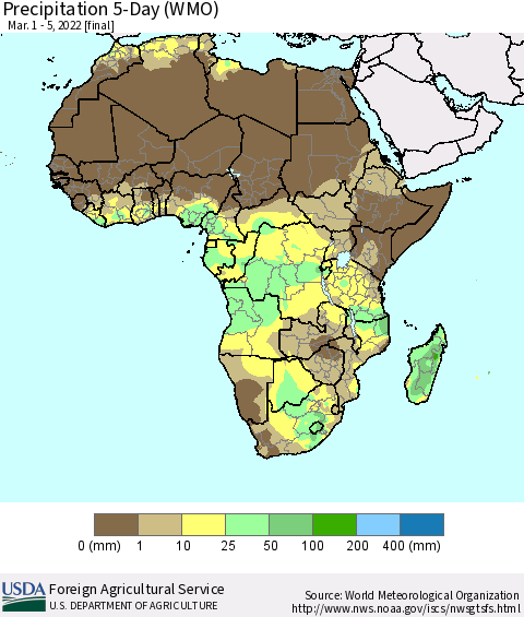Africa Precipitation 5-Day (WMO) Thematic Map For 3/1/2022 - 3/5/2022