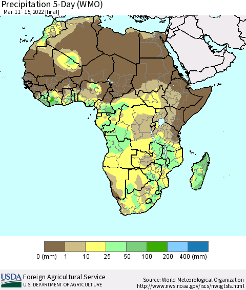 Africa Precipitation 5-Day (WMO) Thematic Map For 3/11/2022 - 3/15/2022