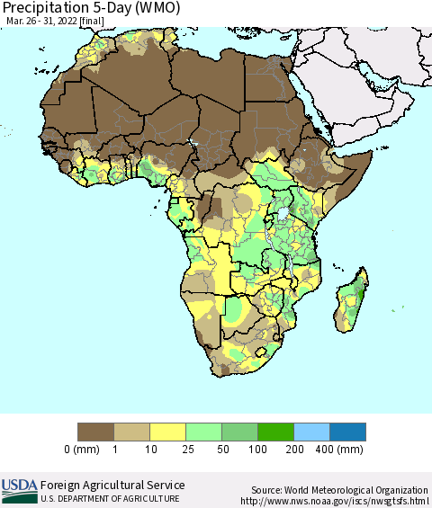 Africa Precipitation 5-Day (WMO) Thematic Map For 3/26/2022 - 3/31/2022