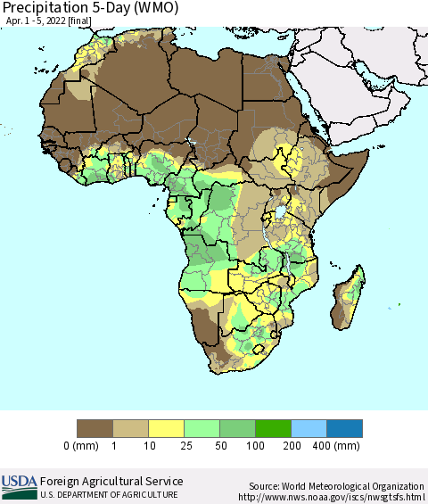 Africa Precipitation 5-Day (WMO) Thematic Map For 4/1/2022 - 4/5/2022