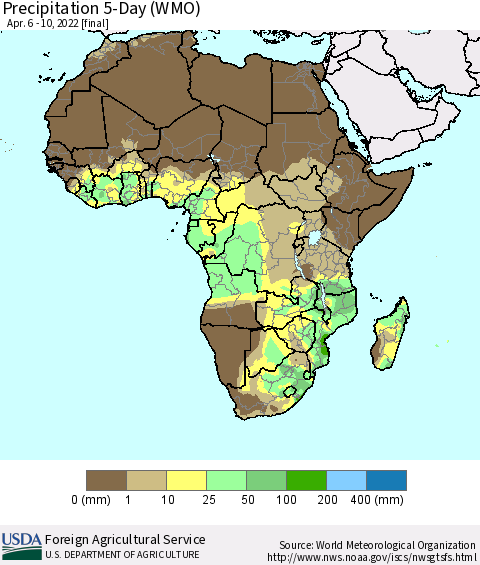 Africa Precipitation 5-Day (WMO) Thematic Map For 4/6/2022 - 4/10/2022