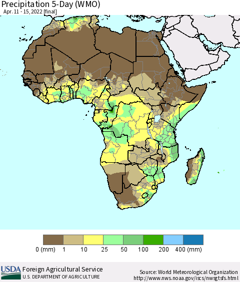 Africa Precipitation 5-Day (WMO) Thematic Map For 4/11/2022 - 4/15/2022