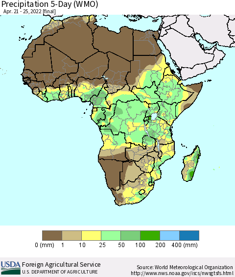 Africa Precipitation 5-Day (WMO) Thematic Map For 4/21/2022 - 4/25/2022