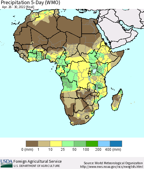 Africa Precipitation 5-Day (WMO) Thematic Map For 4/26/2022 - 4/30/2022