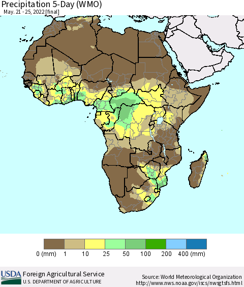 Africa Precipitation 5-Day (WMO) Thematic Map For 5/21/2022 - 5/25/2022