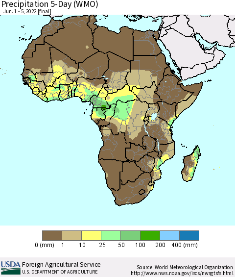 Africa Precipitation 5-Day (WMO) Thematic Map For 6/1/2022 - 6/5/2022