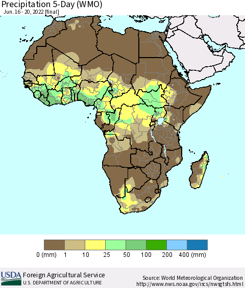 Africa Precipitation 5-Day (WMO) Thematic Map For 6/16/2022 - 6/20/2022
