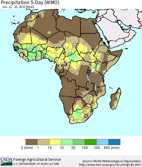 Africa Precipitation 5-Day (WMO) Thematic Map For 6/21/2022 - 6/25/2022