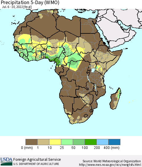 Africa Precipitation 5-Day (WMO) Thematic Map For 7/6/2022 - 7/10/2022